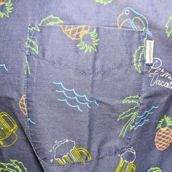 Party Pants NWT Med Short Sleeve Button Neon Sign Tropical Hawaiian Blue Shirt - Picture 8 of 10